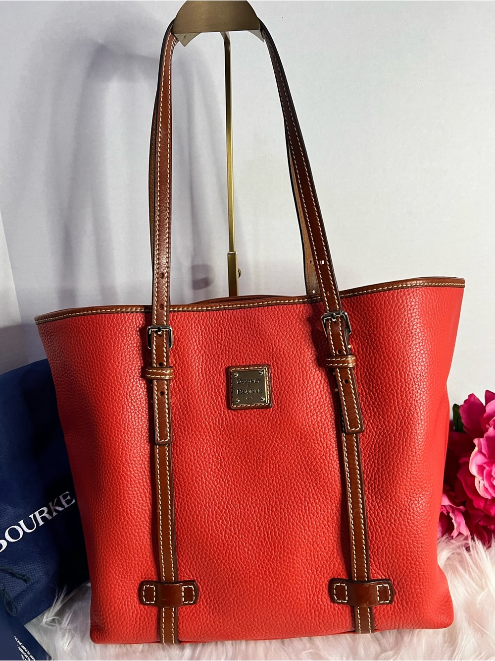 Dooney & Bourke Burnt Orange Pebbled Leather East/West Tote with Brown Trim - Picture 2 of 11